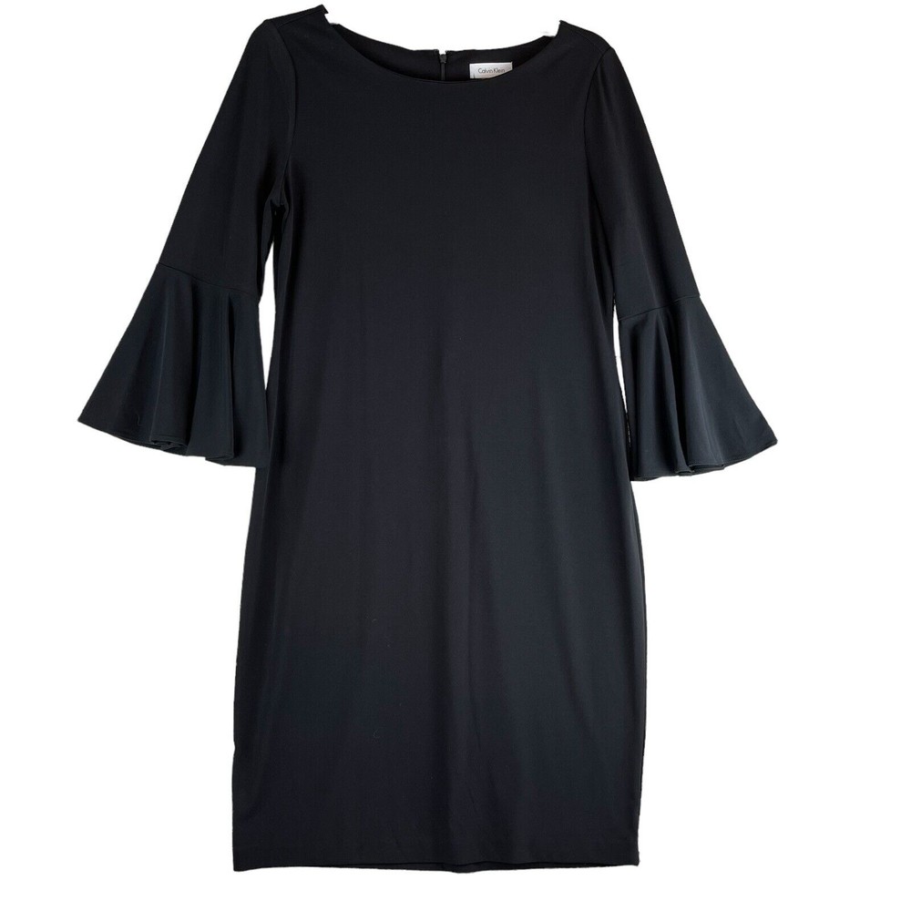 CALVIN KLEIN Black Bell Sleeve Sheath Dress Size 10 Crepe Stretch Boat Neck